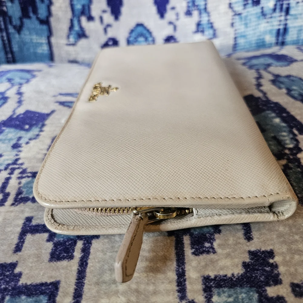 Prada Saffiano Double Snap Travel Wallet Long Classic Neutral Beige Pink